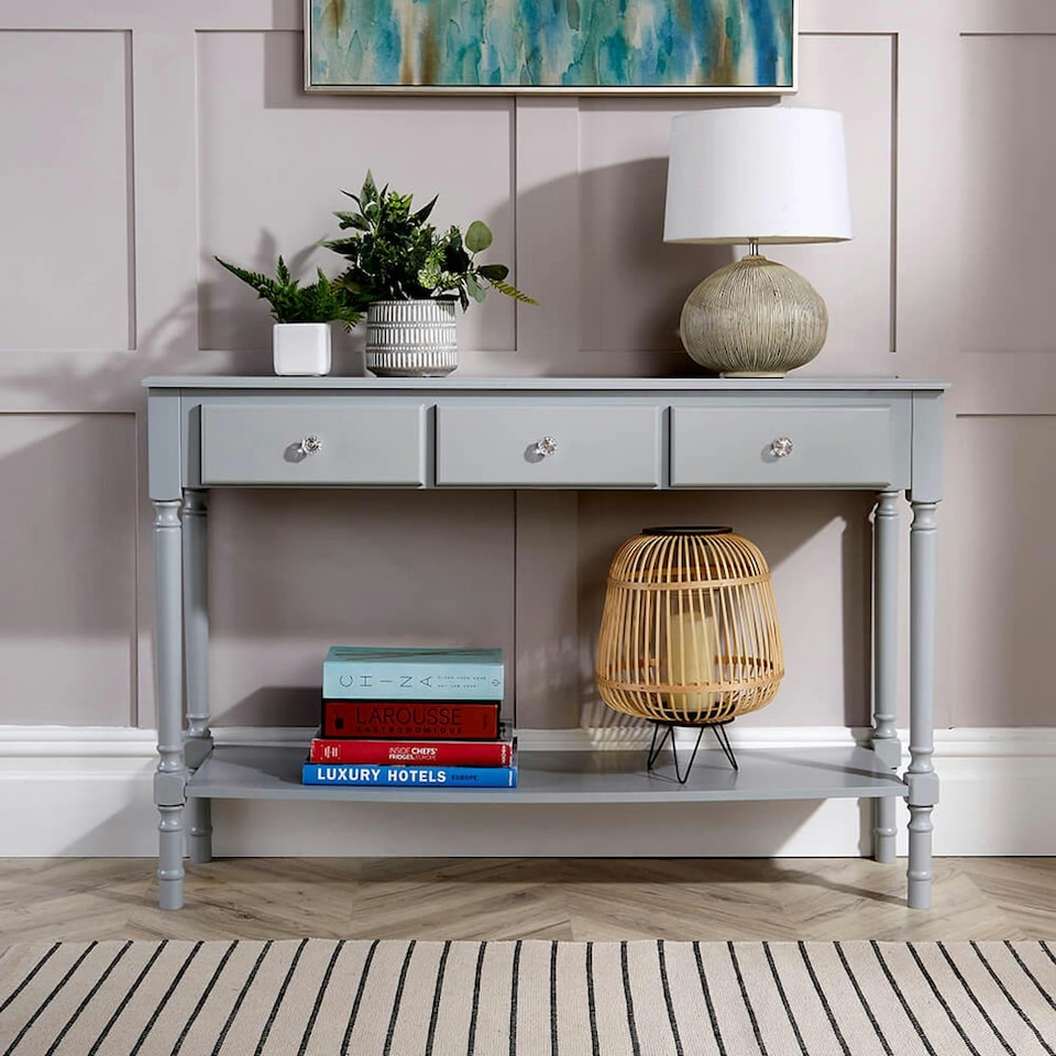 image 1 of Hallway Console Table Stylish Grey Painted Wooden 3 Drawer Side Desk Undershelf Grey