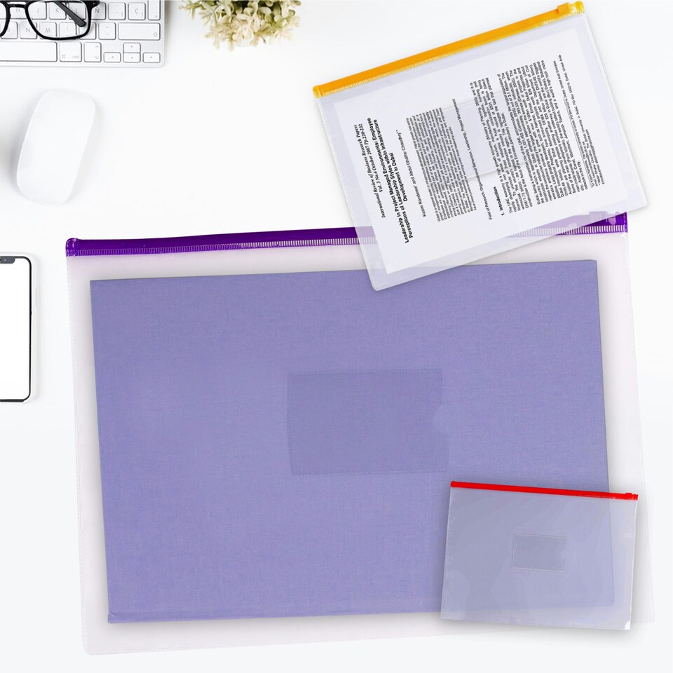 image 1 of Pack of 12 A4+ Foolscap Clear Zippy Bags with Purple Zip