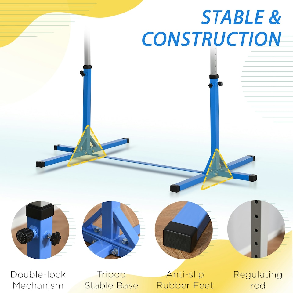 image 1 of HOMCOM 92-150Hcm Adjustable Kids Gymnastics Bar w/ Steel frame, Blue