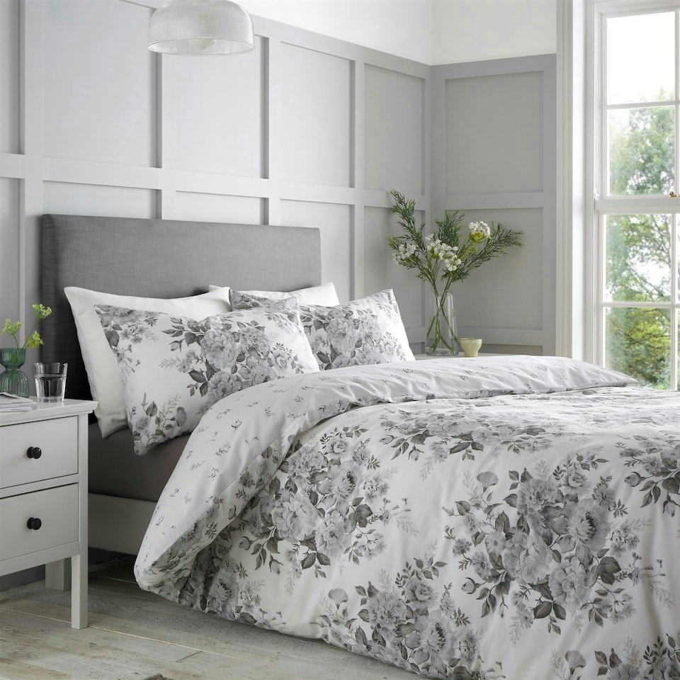 image 1 of Catherine Lansfield Elinda Floral Grey Duvet Cover Set Grey | King