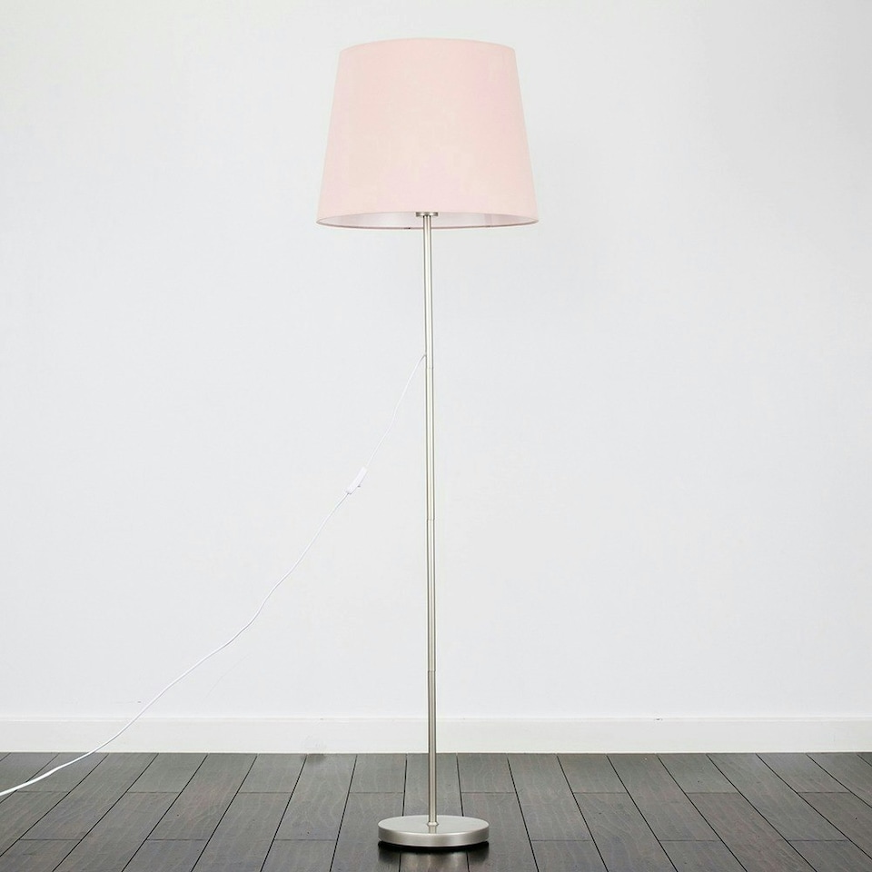 image 1 of ValueLights Modern Floor Lamp In Brushed Chrome Metal Finish With Extra Large Pink Shade