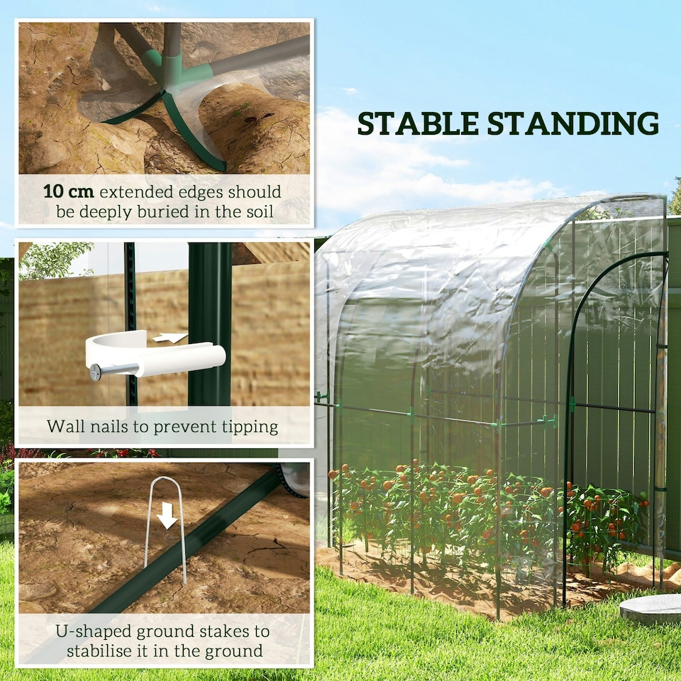 image 1 of Outsunny 214x118x212cm Walk-In Lean to Wall Tunnel Plastic Greenhouse with Doors