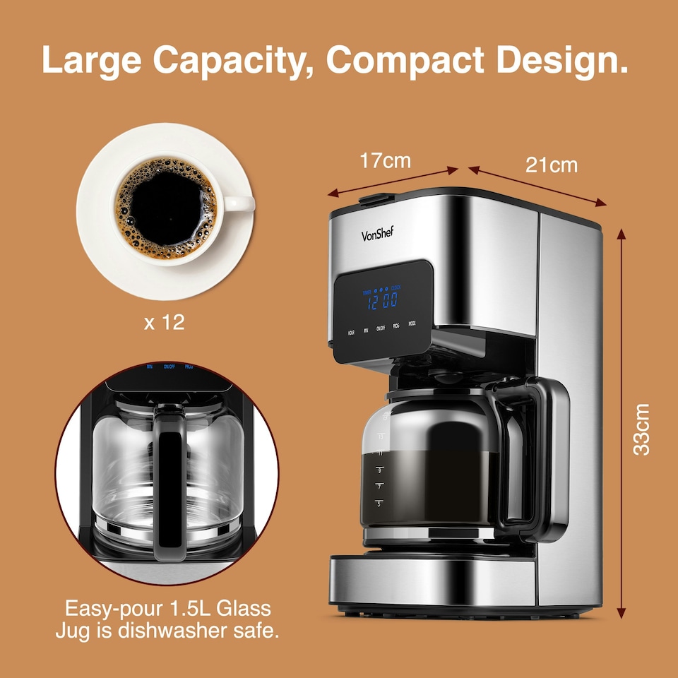 image 1 of VonShef 1.5L Filter Coffee Machine w/ Hot Plate 900W