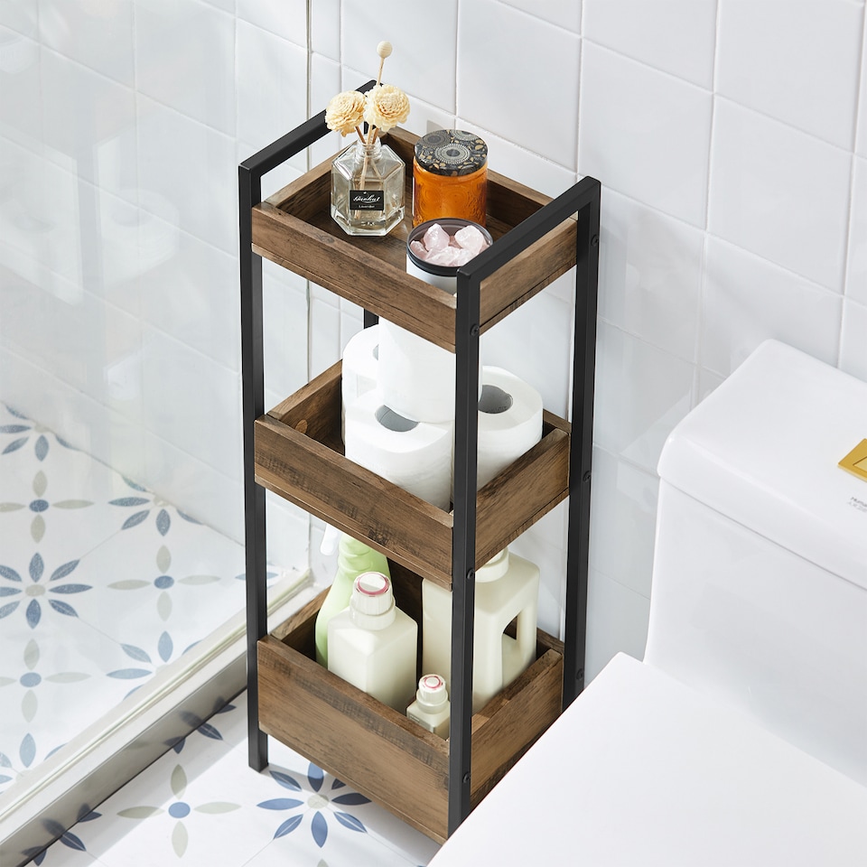 image 1 of SoBuy 3-Tier Slim Bathroom Storage Cabinet, Brown & Black, 11.0x7.9x29.1 in, 4 kg - FRG226-F