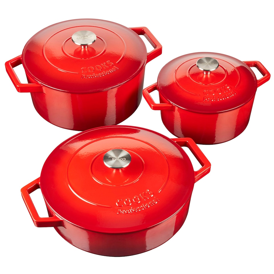 image 1 of Cooks Professional Cast Iron Casserole Set of 3 | 20cm, 26cm & 28cm | Enamelled Inside & Out | Graduated Red