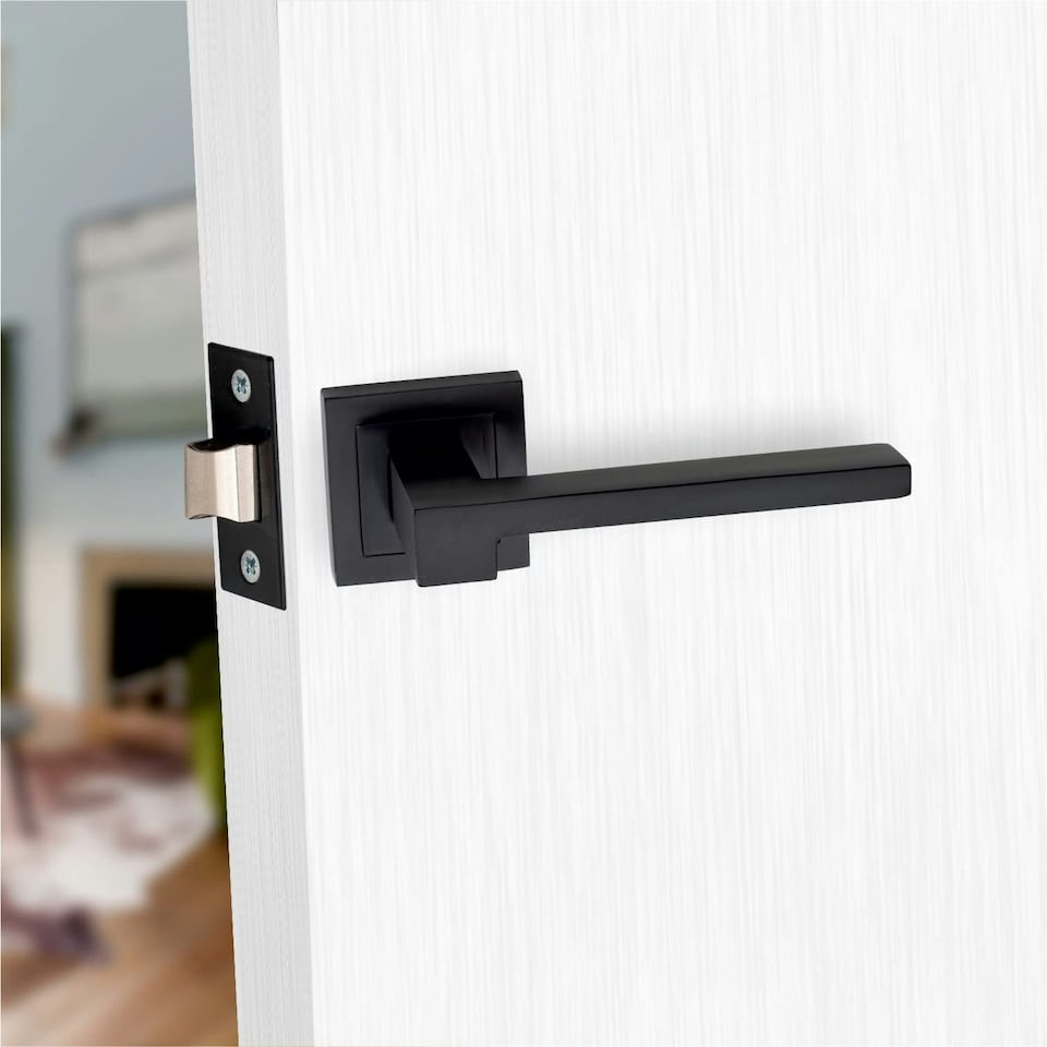 image 1 of Golden Grace 6 Pairs Zeta Design Door Handles Lever Latch on Square Rose in Matt Black Finish with Tubular Latch and Pair of 3" Ball Bearing Hinges Black