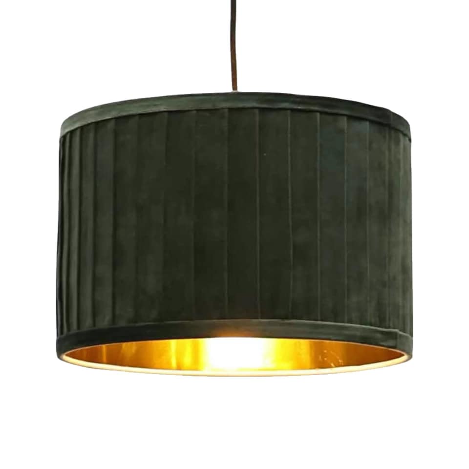 image 1 of Sundance - Dark Green Velvet Pleated 30cm Lamp Shade with Gold Inner | Green | Gold | Large | 1