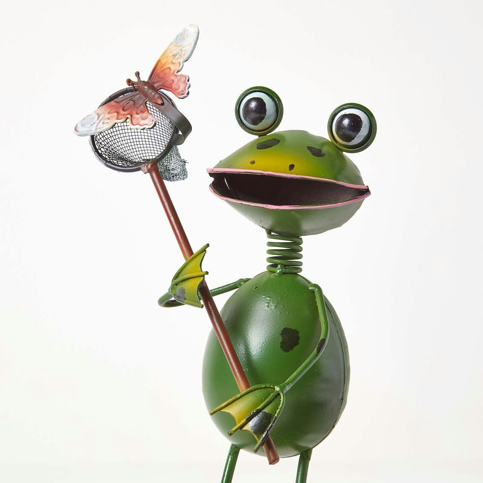 image 1 of Homescapes Metal Frog with Butterfly Net and Flower Pot - 31 cm Tall