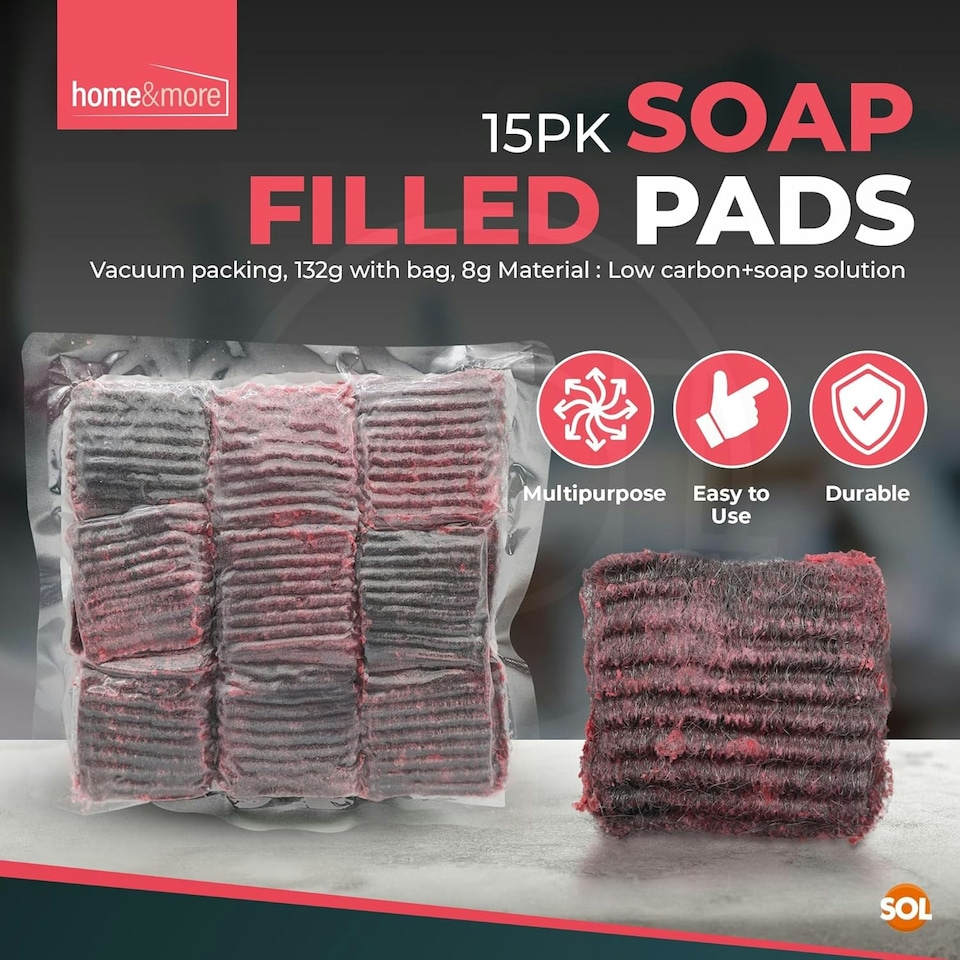 image 1 of SOL 15pk Steel Wool Scourer Pads, Heavy Duty Soap Filled Scouring Pads for Pots