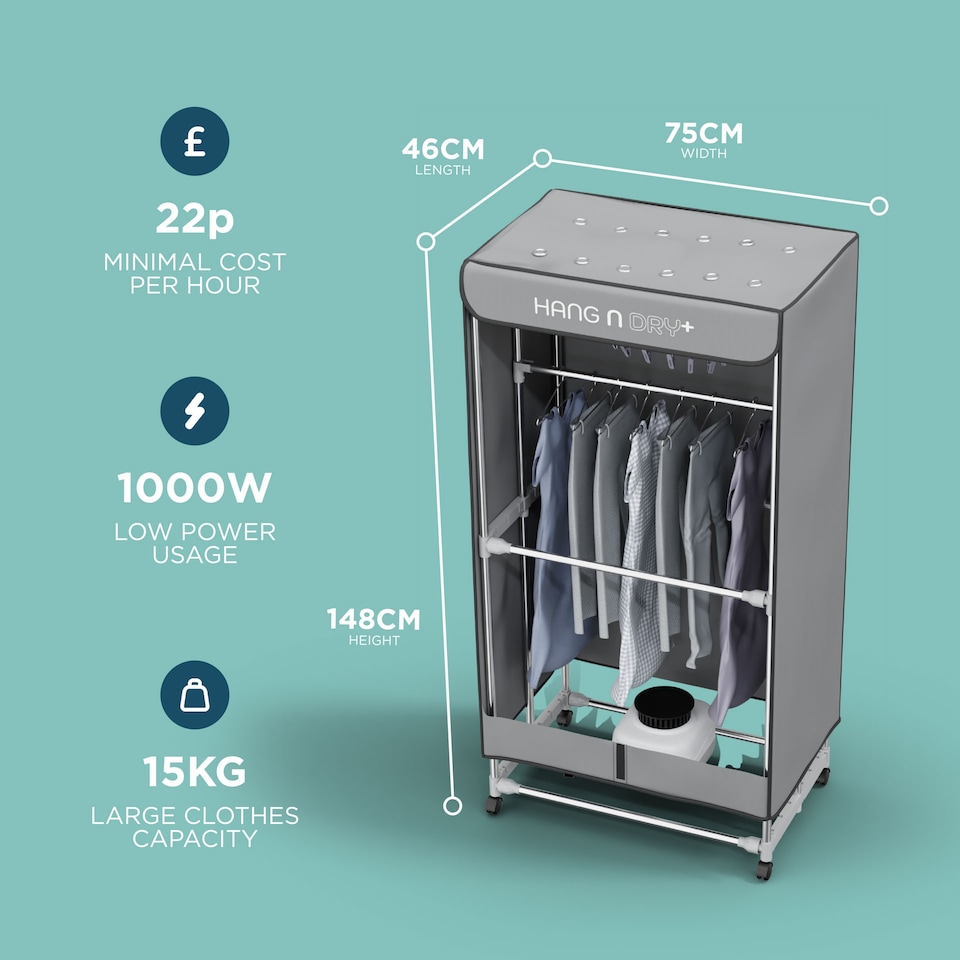 image 1 of DMD Hang'n'Dry+ Electric Clothes Dryer with Remote Control & Pegs | Grey