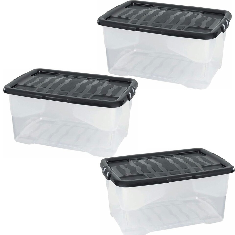 image 1 of 1 x 42 Litres Clear Transparent Base Curve Storage Container With Black Lid For Home & Office Clear