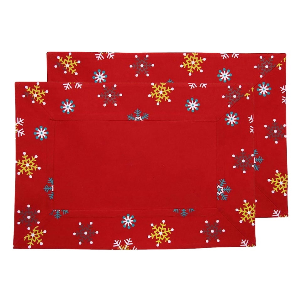 image 1 of Homescapes Cotton Christmas Red Snowflake Pack of 2 Placemats