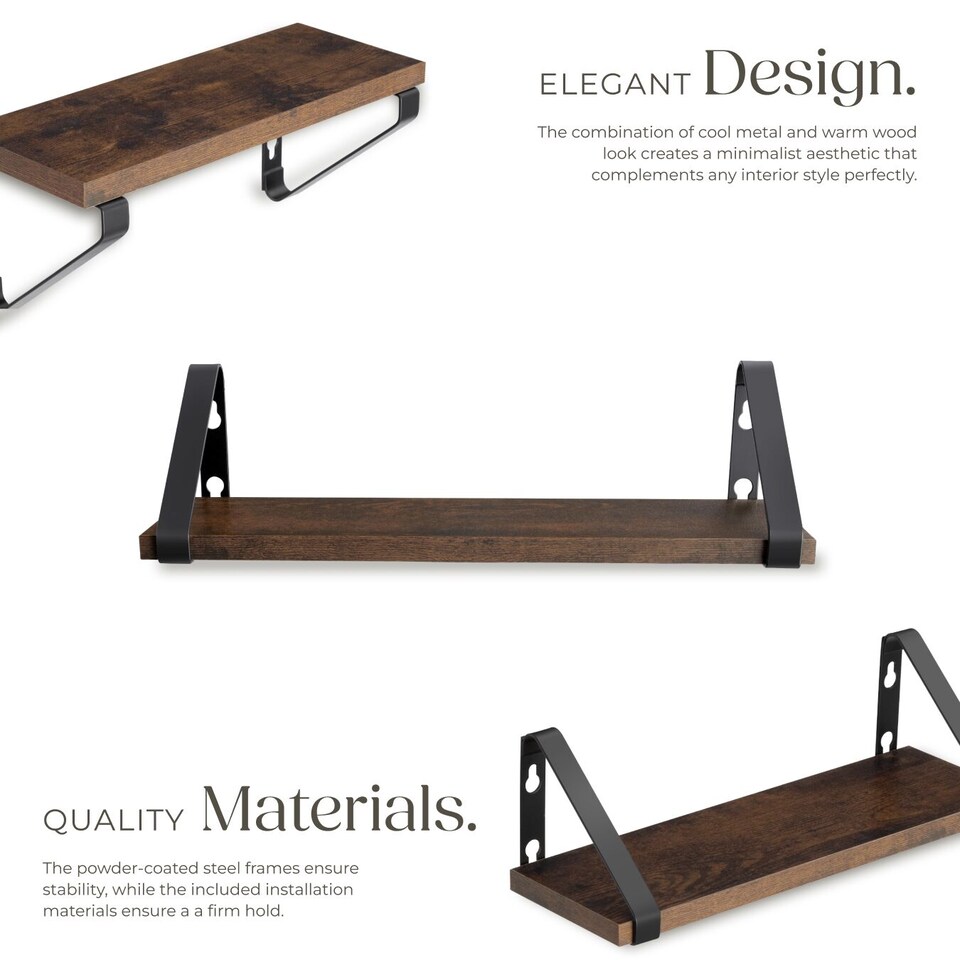image 1 of Wall Shelves - set of 3, decorative metal brackets, high load-capacity, 3 widths included | Brown | Industrial wood dark, rustic | 40 x 12 x 12 cm | 1