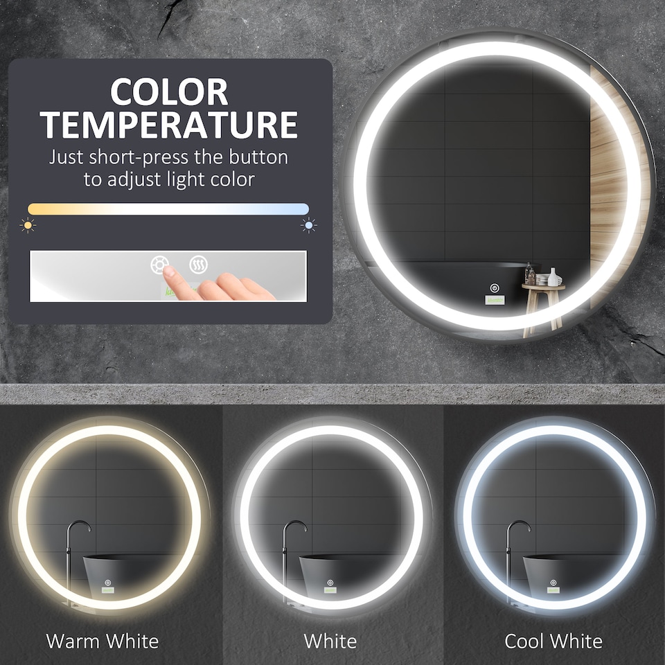image 1 of kleankin Round LED Bathroom Mirror, Dimmable Lighted Wall-Mounted Mirror with 3 Temperature Colours, Memory Function, Hardwired, Black