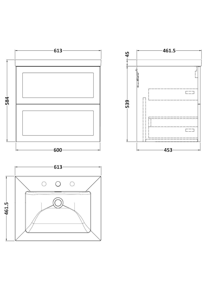 image 1 of Balterley Stonnall Traditional Wall Hung 2 Drawers Vanity Unit with 3 Tap Hole Fireclay Basin, 600mm, Pebble Grey