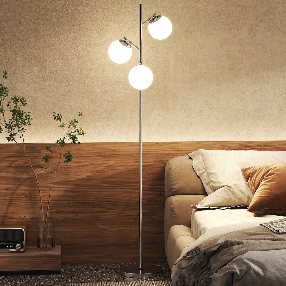 image 1 of HOMCOM 3Light Tree Floor Lamps for Living Room, Modern Standing Lamp for Bedroom with Globe Lampshade, Steel Base, Bulb not Included, Silver Tone