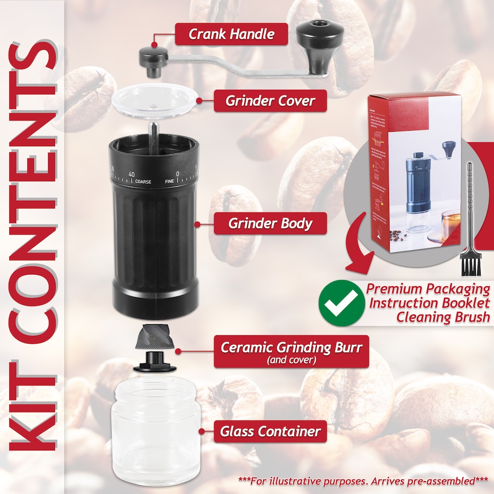 image 1 of SPARES2GO Manual Coffee Grinder Adjustable Ceramic Burr Kit for Aeropress, Espresso, Pour Over, French Press, Moka (30g Capacity)