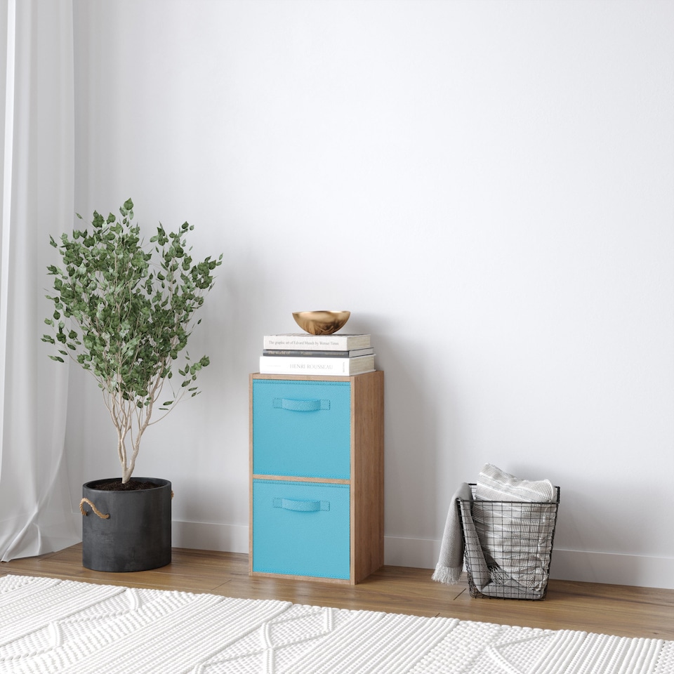 image 1 of 2-Tier Cube Shelving Unit with Inserts | Brown | Oak & Sky Blue | 1