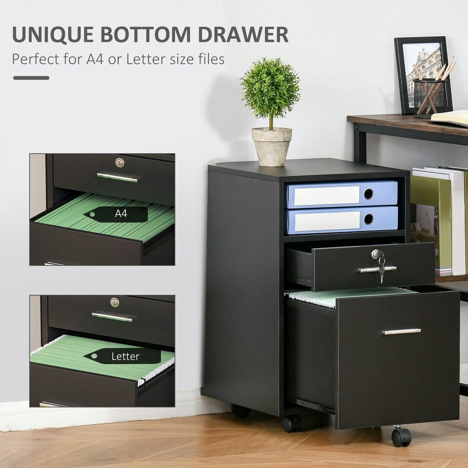 image 1 of Vinsetto Mobile File Cabinet Lockable Documents Storage w/ 5 Wheels Black