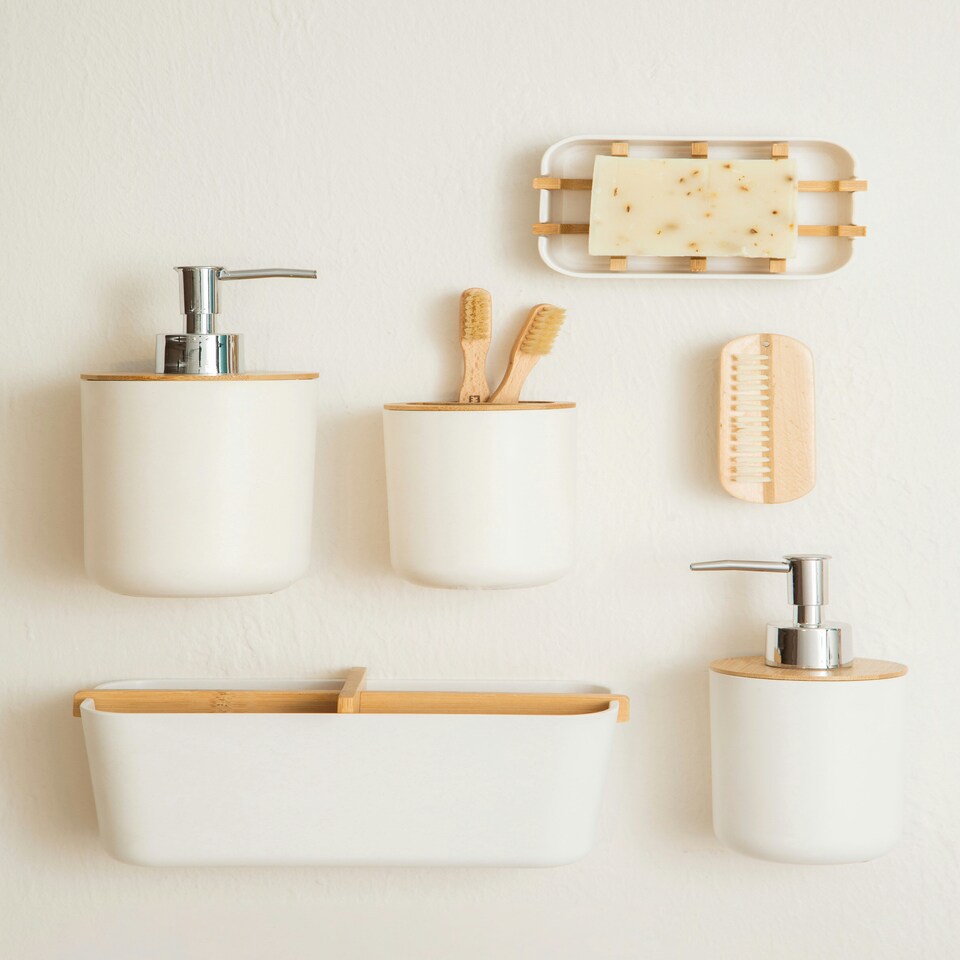 image 1 of Interiors by Premier Subtle White Lotion Dispenser With Bamboo Fibre Body, Liquid Soap Pump For Hand Wash, Moisturizer Dispenser