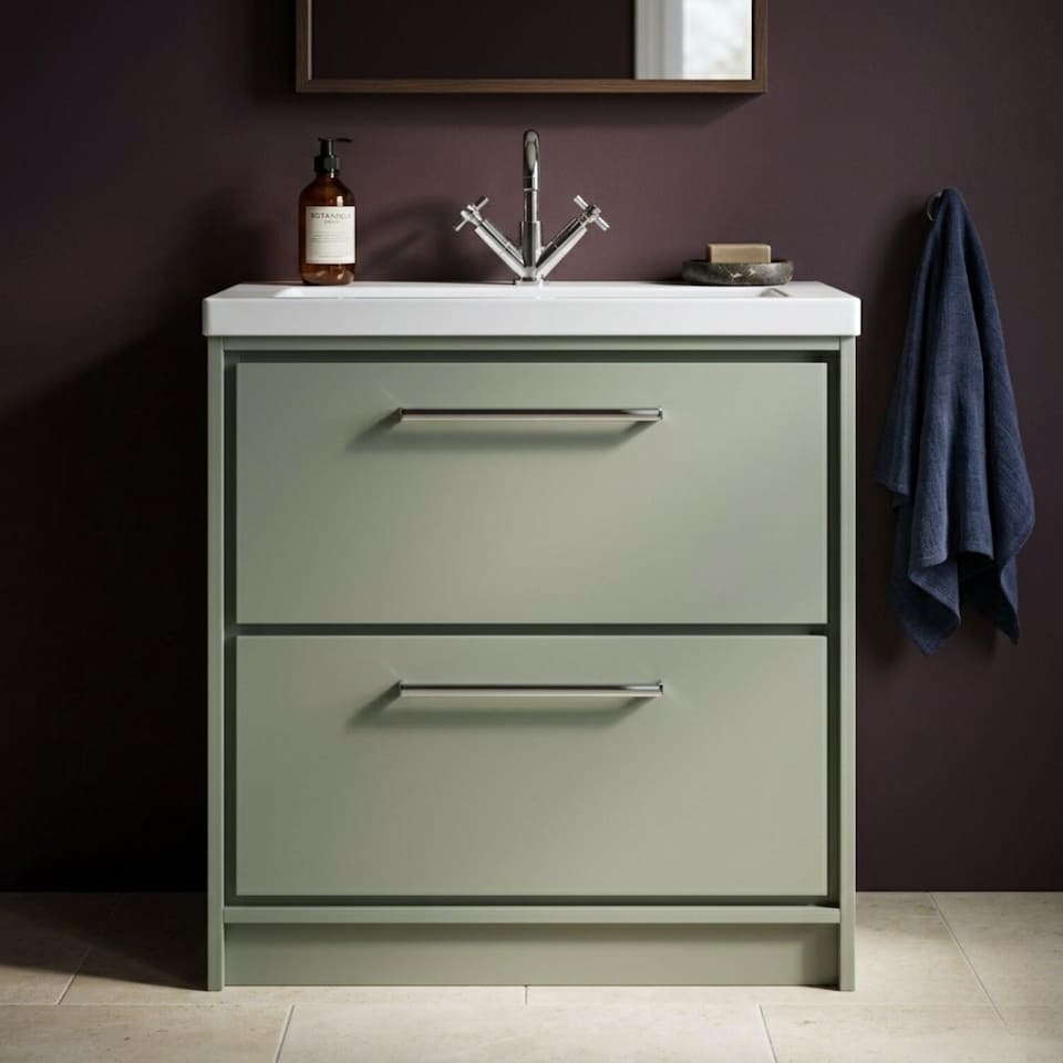 image 1 of Balterley Modern Bathroom 2 Soft-Close Drawer Floor Standing Vanity Unit Fireclay Basin - 1 Tap Hole | Green | Reed Green | 845 x 813 x 462mm