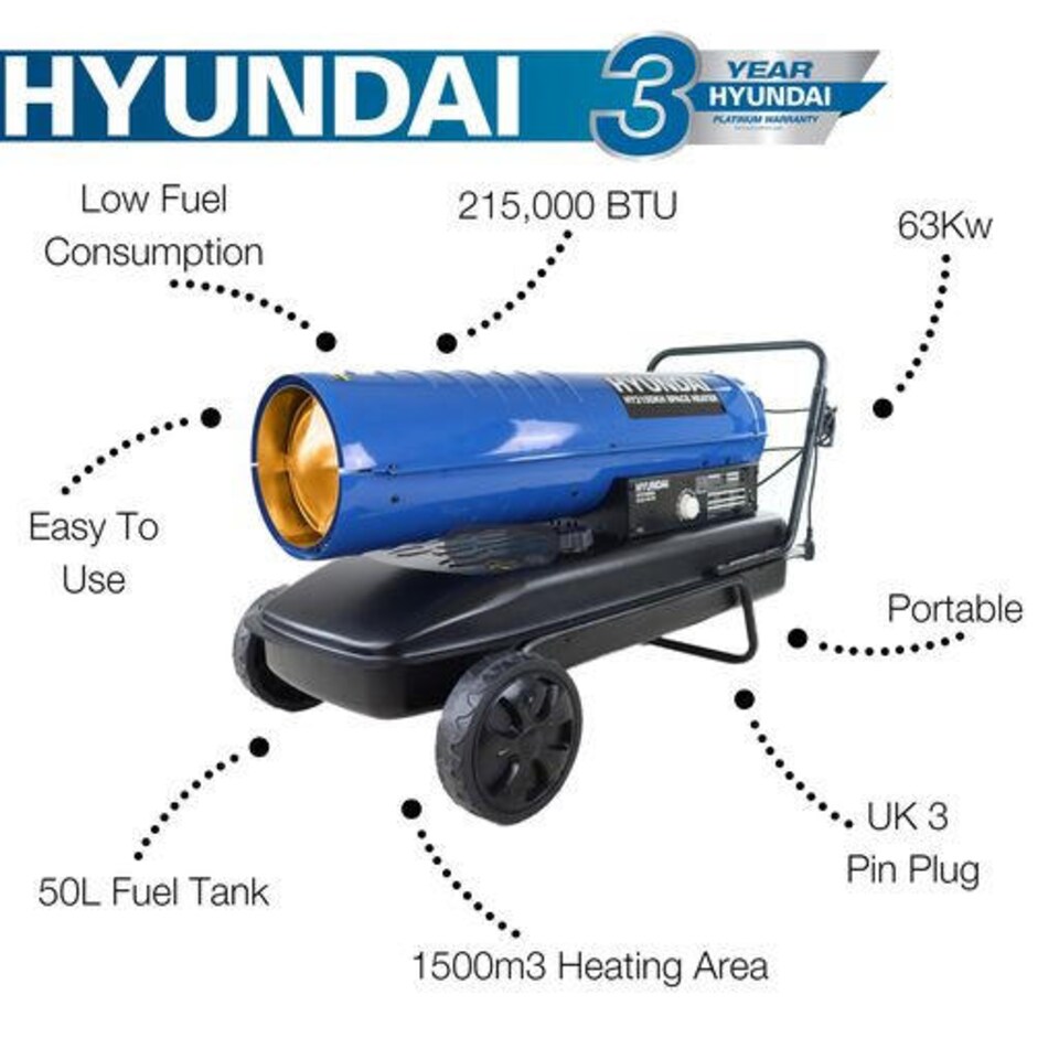 image 1 of Hyundai 215,000 / 63kW Diesel or Kerosene Space Heater, 1500m3 Coverage, Thermostat for Garage, Workshop| HY215DKH