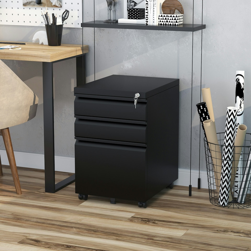 image 1 of Vinsetto 3-Drawer Filing Cabinet, Mobile Metal File Cabinet with Lock and 5 Wheels for A4 Legal Letter Sized Hanging File Folders, Under Desk Drawers, Pre-Assembled Body, 39 x 48 x 60 cm, White
