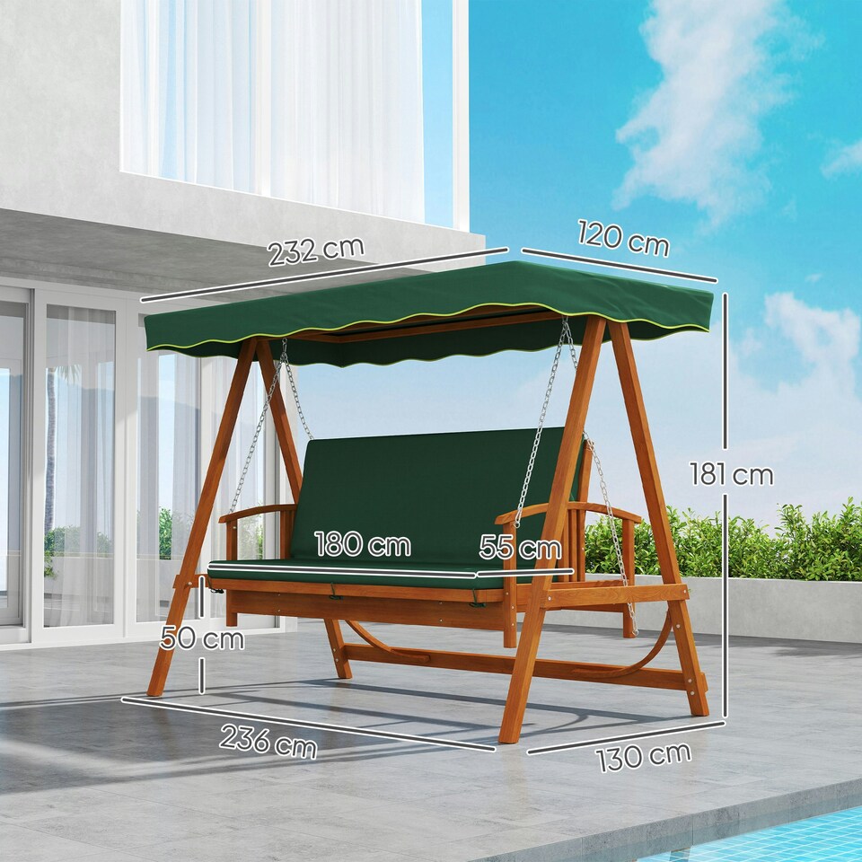 image 1 of Outsunny 3-Seater 2-in-1 Wooden Swing/Hammock Bench, Dark Green Green | Green