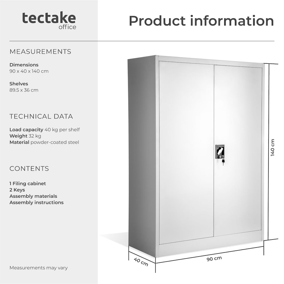 image 1 of Filing Cabinet - 4 adjustable shelves, lockable, 140 x 90 x 40 cm | Grey | grey | 40 x 90 x 140 cm | 1
