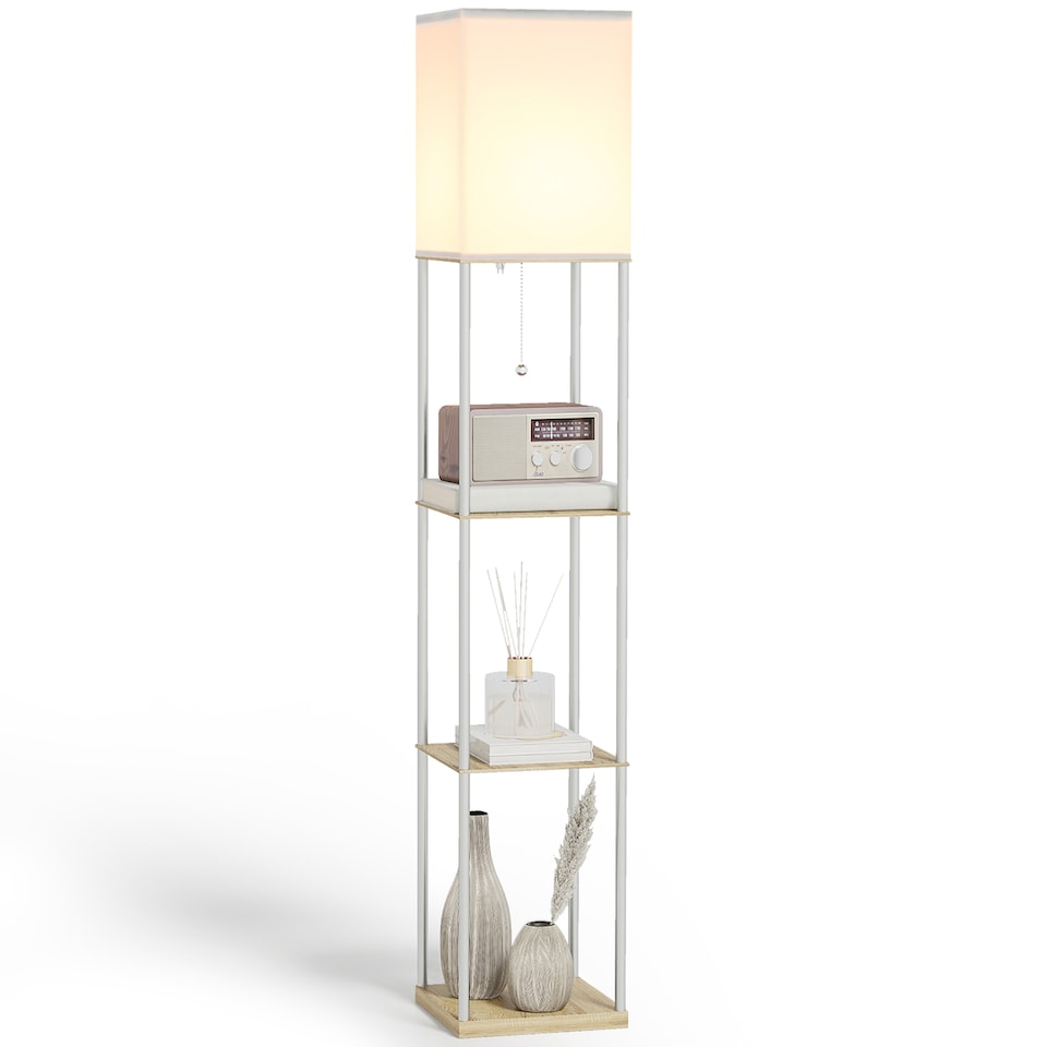 image 1 of HOMCOM Modern Floor Lamp with Shelves, 3 Layer Shelf Tall Standing Lamp with Fabric Lampshade, Pull Chain Switch for Living Room, Bedroom, Bulb not Included, White