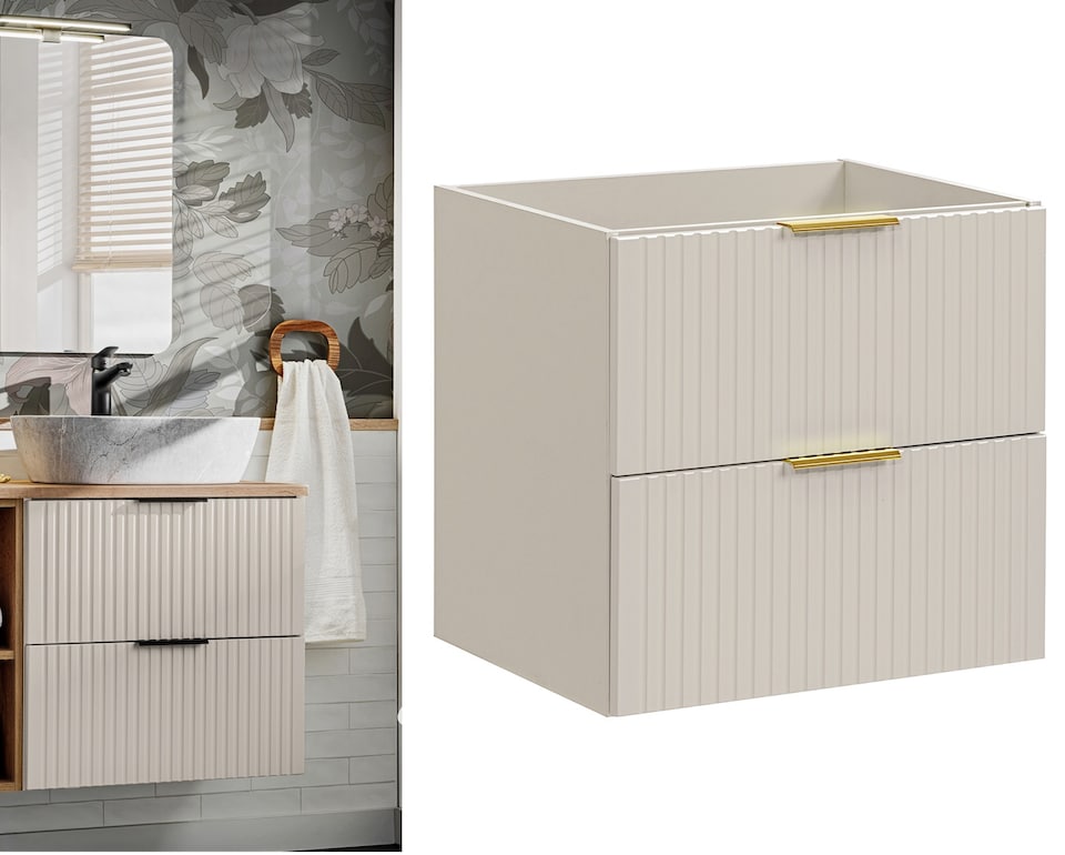 image 1 of Bathroom Vanity Unit 600mm Sink Cabinet Beige Cashmere Modern Wall Floating Fluted Ribbed Drawers Storage Adel