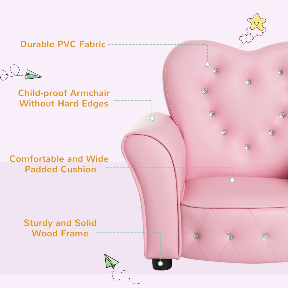image 1 of HOMCOM Kids Sofa Toddler Armchair Children Chair Princess-Themed Nursery | Pink | One Size