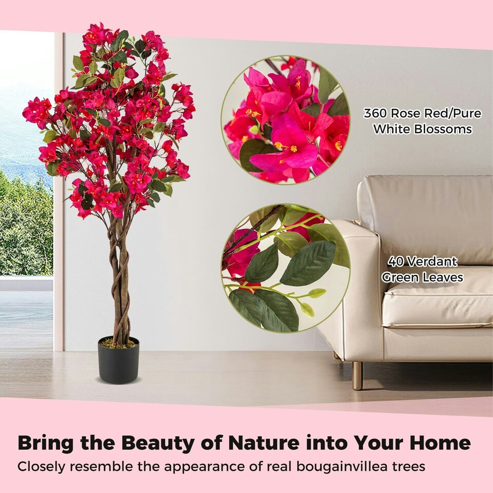 image 1 of COSTWAY 120cm Artificial Bougainvillea Tree Plant Rose Red | One Size