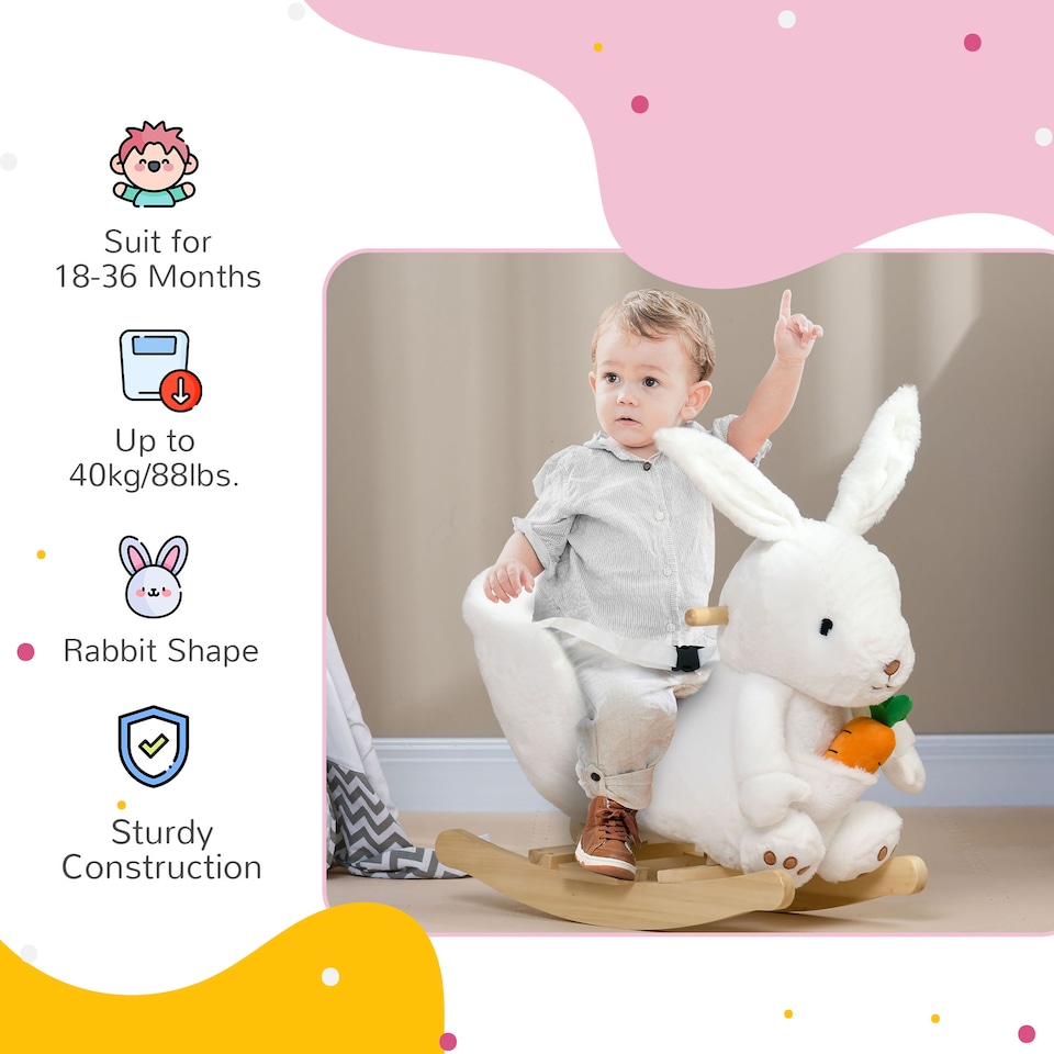 image 1 of HOMCOM Kids Rabbit-Shaped Rocking Horse w/ Realistic Sounds, Safety Belt - White