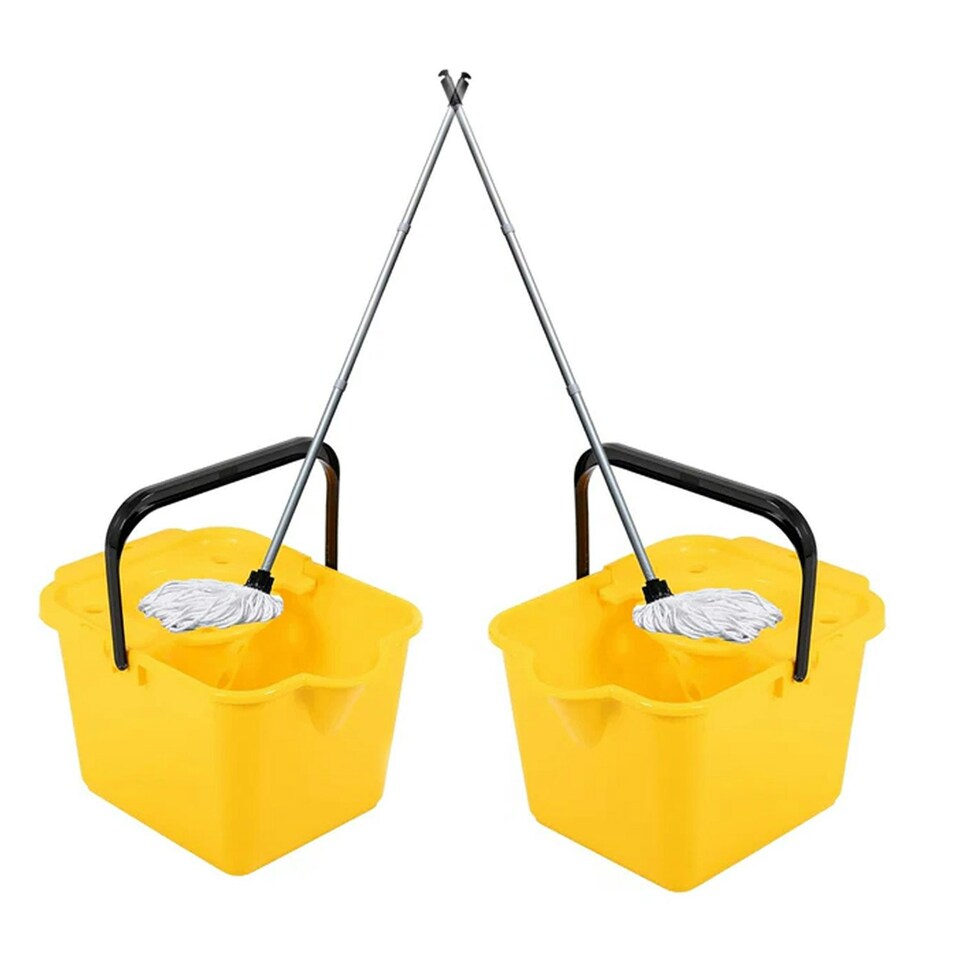 image 1 of 1 x Yellow 12 Litre Cotton Mop & Bucket Hard Floor Cleaning Set With Wringer & Pouring Lip