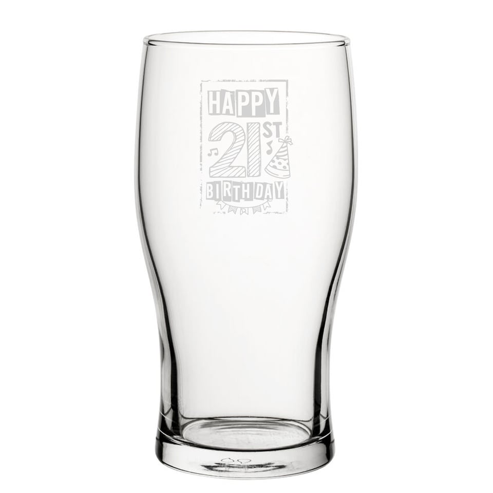 image 1 of Personalised Happy 21st Birthday Bordered Engraved Tulip Pint Glass