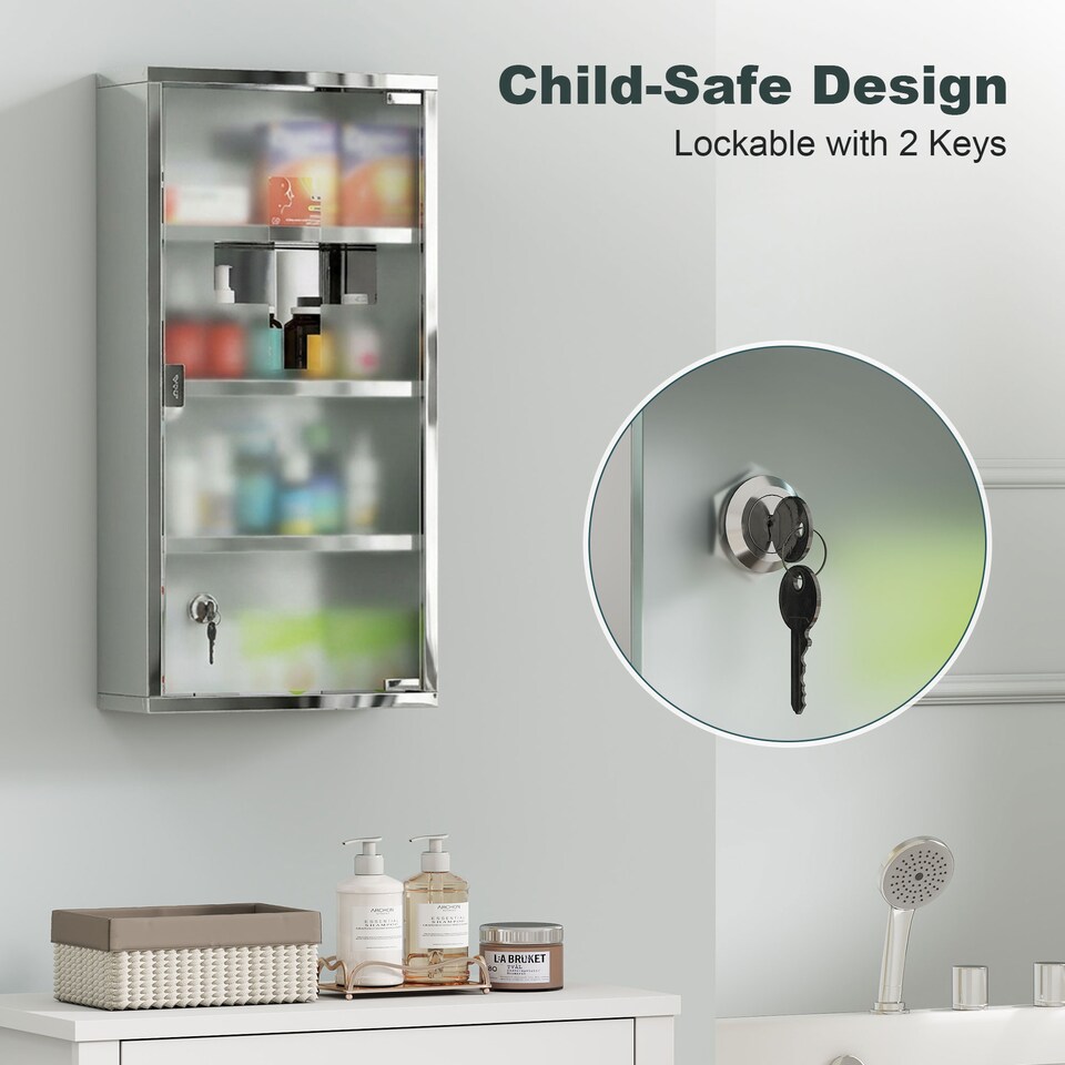 image 1 of HOMCOM Medicine Cabinet Houseware Stainless Steel Medicine Cabinet Glass Door
