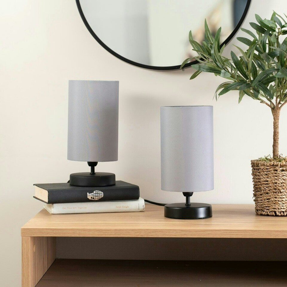 image 1 of ValueLights Pair Francis Black Touch Table Lamps Grey Shades & Bulbs Grey