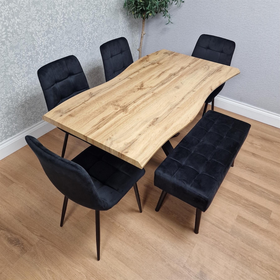 image 1 of Dining Set Of 5 Dining Table Set with 4 black Velvet Chairs And 1 Black Bench Dining Room Furniture