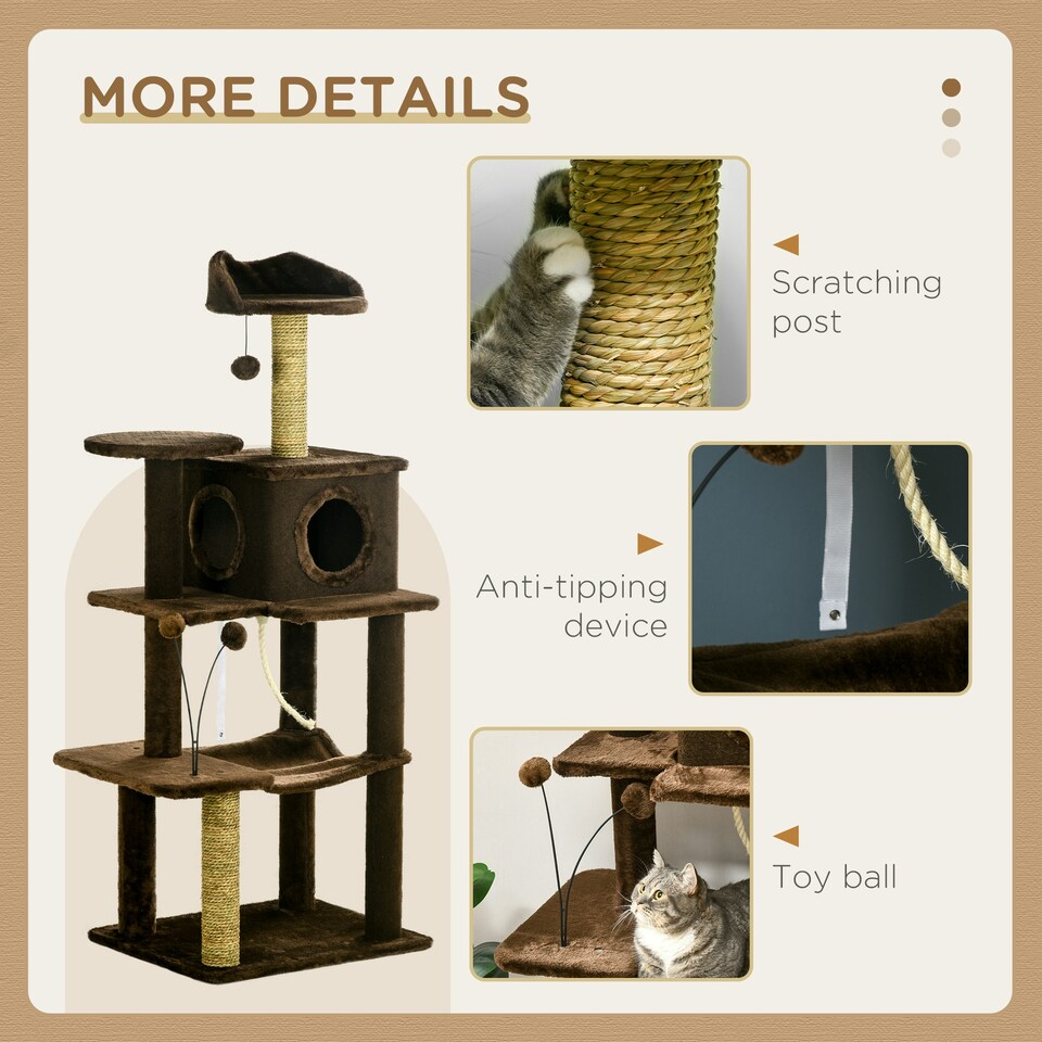 image 1 of PawHut 136cm Cat Tower with Scratching Posts Hammock Cat House Plush, Brown