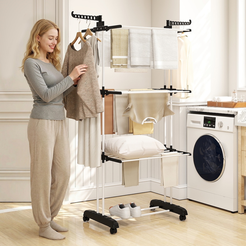 image 1 of HOMCOM Foldable Clothes Drying Rack Steel Garment Dryer with Casters Black