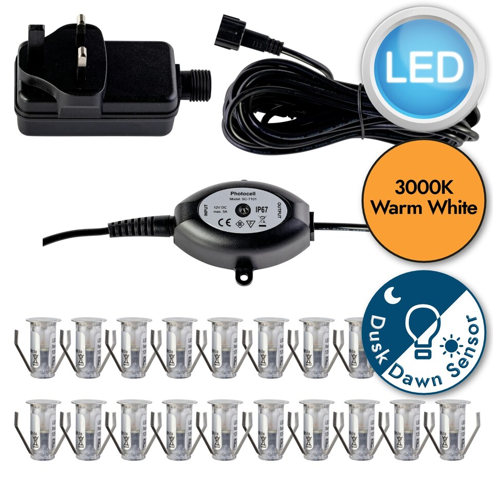 image 1 of Set of 20 - 15mm IP67 Warm White LED Decking Kit with Photocell Chrome | Clear