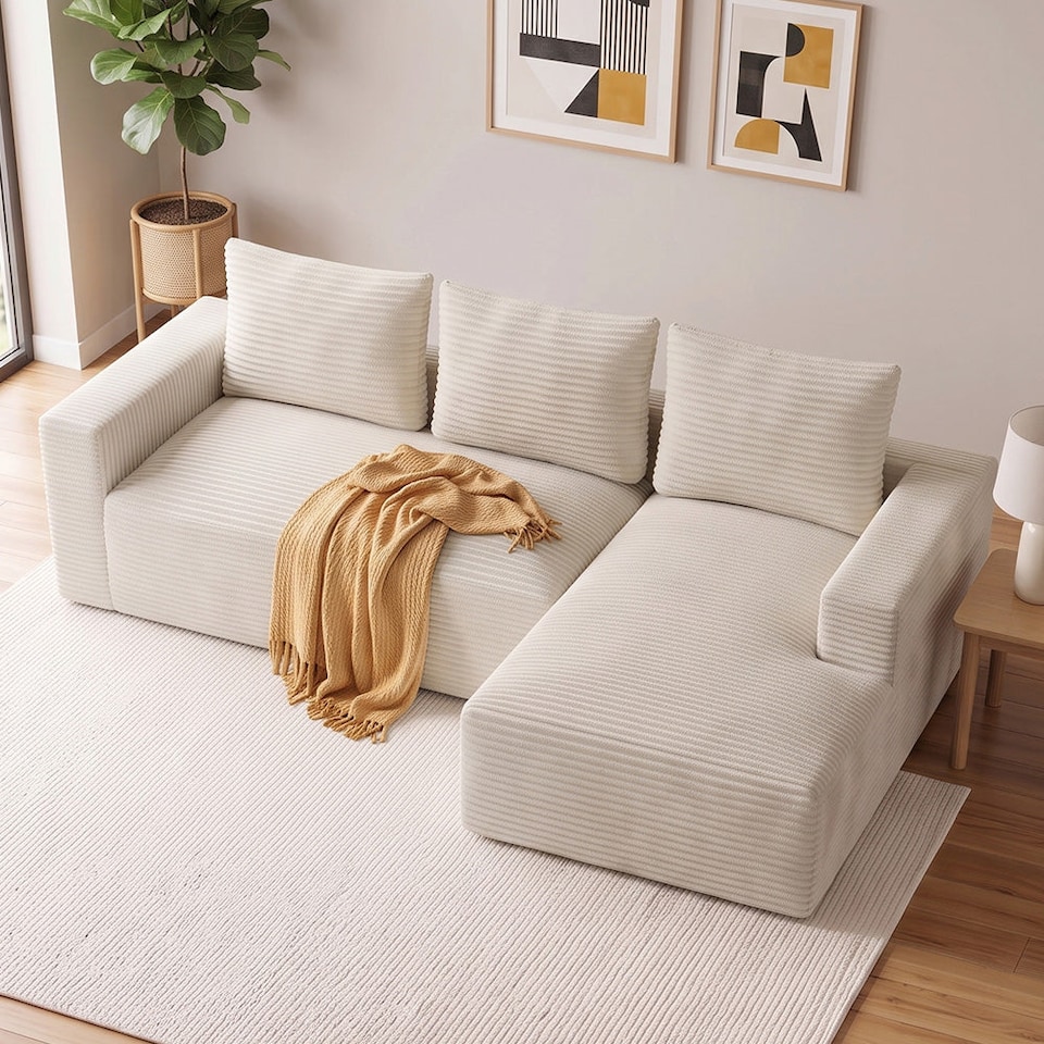 image 1 of Rattantree L Shaped Modular Sofa Corduroy Sectional Couch With Chaise
