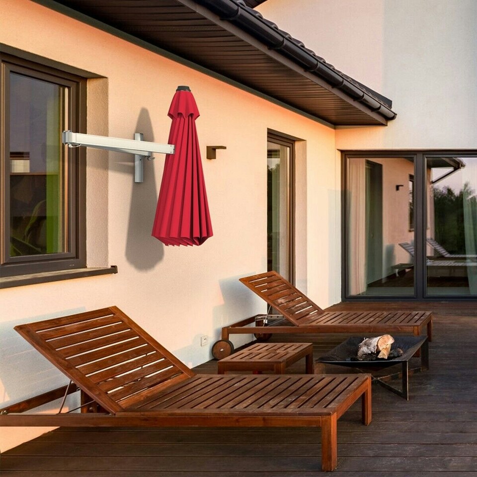 image 1 of COSTWAY Garden Wall Mounted Cantilever Parasol Tilting Umbrella Red