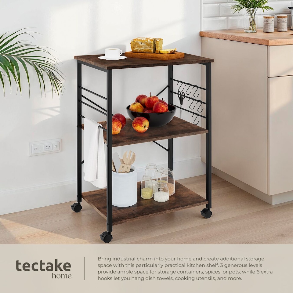 image 1 of Drinks Trolley Rugby - 3 shelves, 4 castors with parking brake | Brown | Industrial wood dark, rustic | 65,50 x 45,50 x 88,50 cm | 1