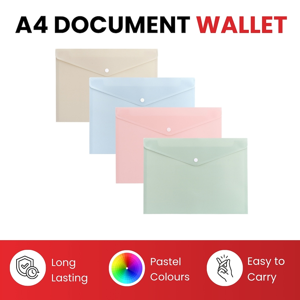 image 1 of Pack of 12 A4 Light Pastel Pink Soft Touch Plastic Document Wallets with Button Closure
