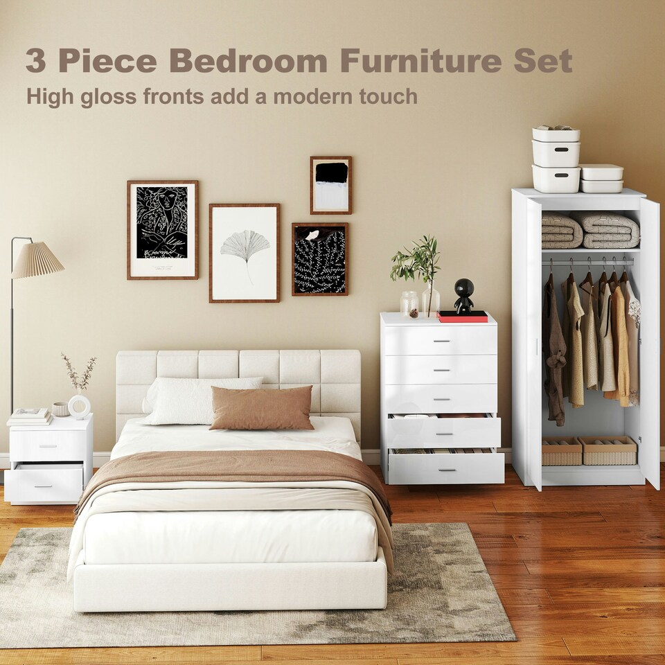 image 1 of HOMCOM High Gloss 3 Trio Wardrobe Set Drawers Bedroom Furniture Chest Bedside | White | One Size | 3