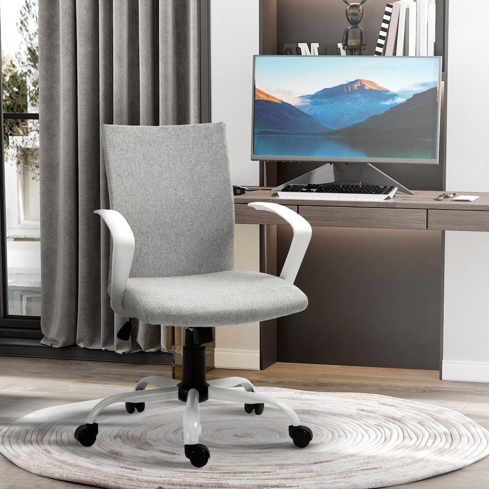 image 1 of Vinsetto Office Chair Linen Swivel Computer Desk Chair Home Study Task Chair with Wheels, Arm, Adjustable Height, Light Grey