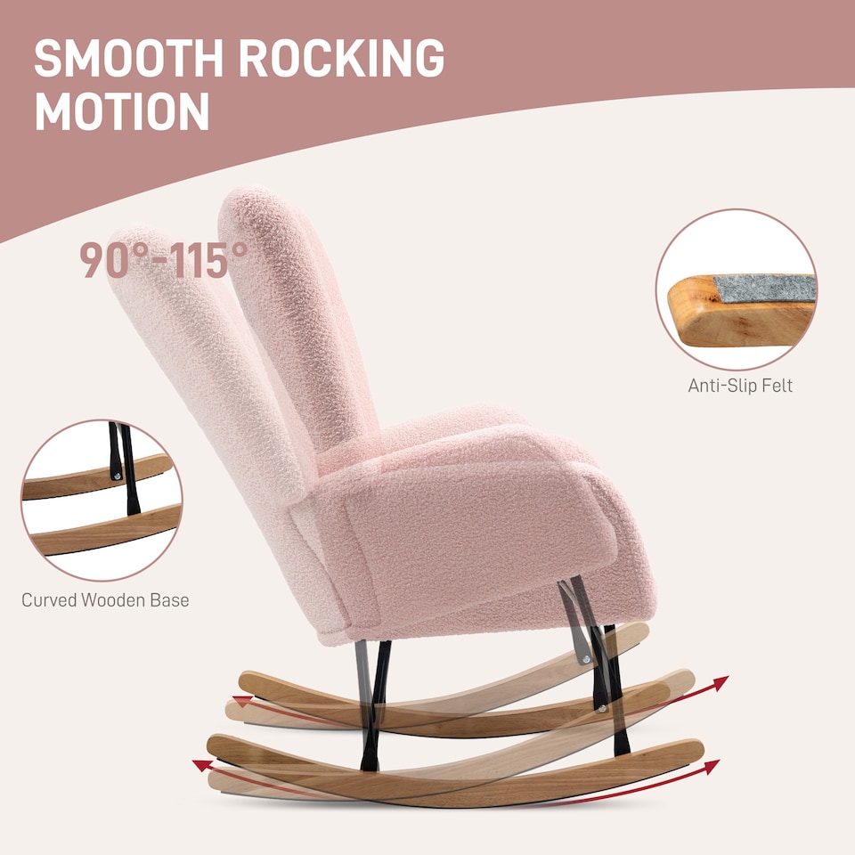 image 1 of HOMCOM Rocking Chair, Teddy Upholstered Accent Chair, Modern Armchair with Wide Backrest and Rubberwood Base for Living Room, Bedroom, Light Pink | Pink | Hot pink