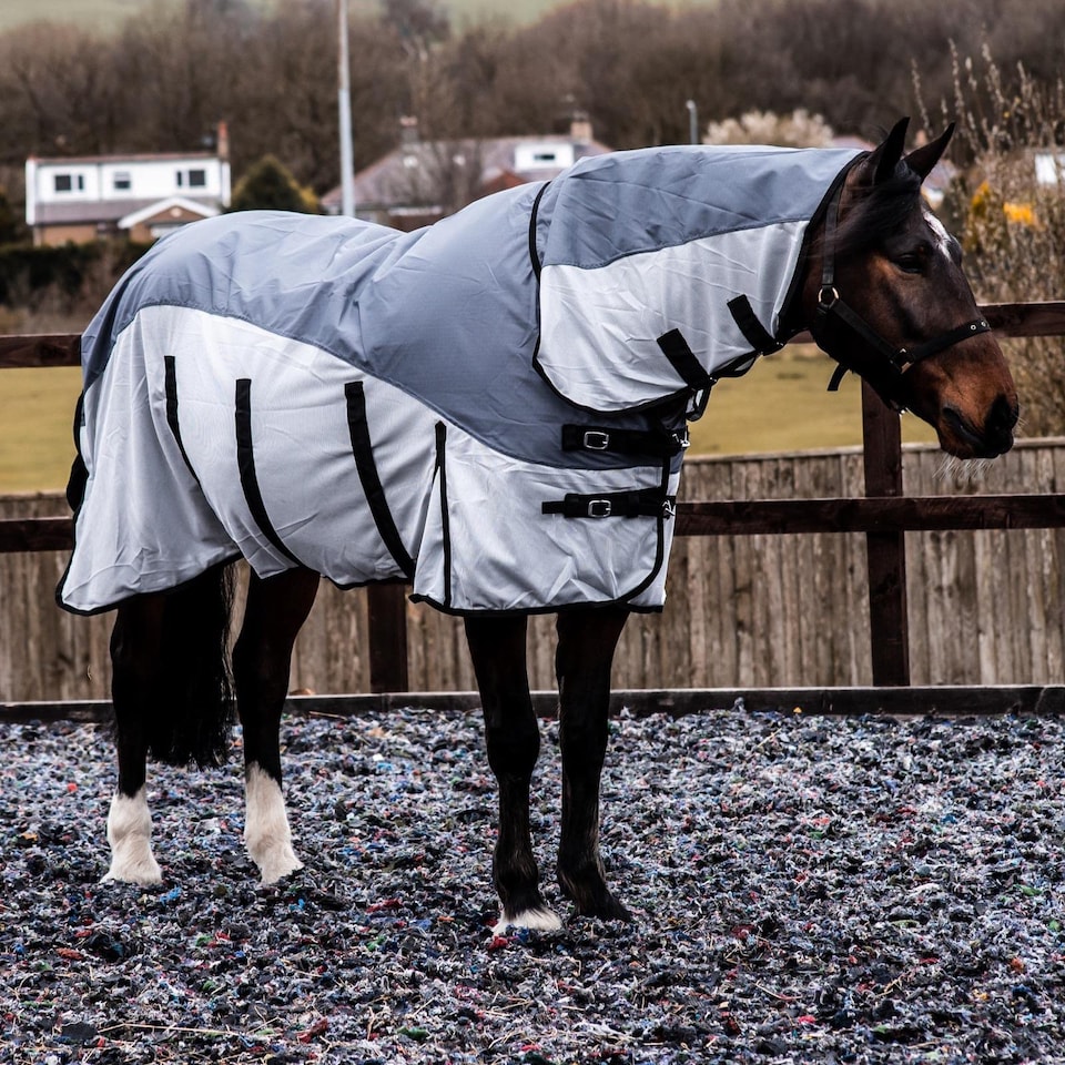 image 1 of eQuitack 600D 2 in 1 Waterproof Fly Turnout Mesh Horse Rug Fixed Neck Grey/Silver 6'0''